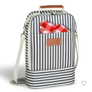 New TIRRINIA 2 Wine Bottle Tote Blue Cream Ticking Stripe